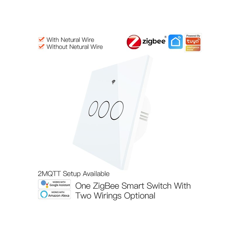 ZigBee Interruttore Smart Da Parete Con 3 Tasti Touch Con Pannello in Cristallo App Tuya Colore Bianco Scatola 503