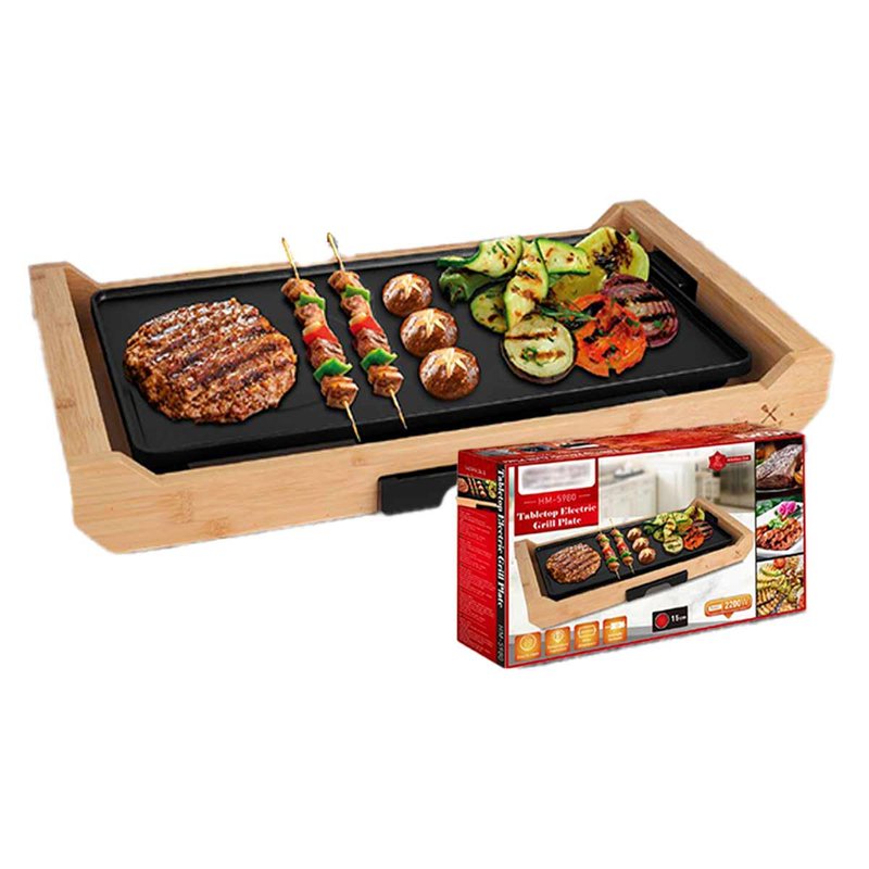 Piastra Grill Elettrica 2200W Rivestimento Antiaderente con Termostato Regolabile e Raccoglitore di Grasso Rimovibile 43x23cm Finitura Bambu (cavo 1metro)