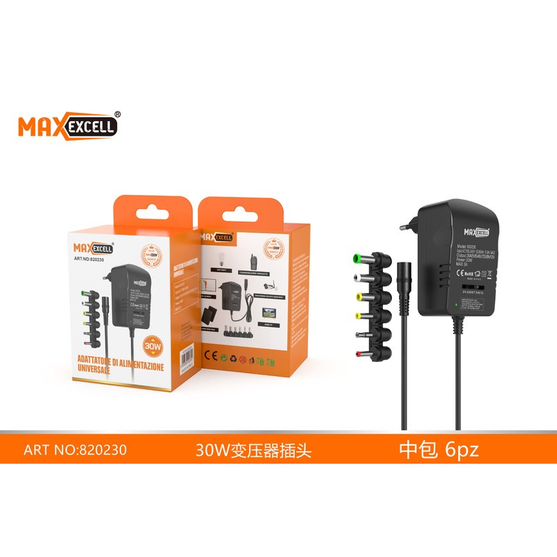 [VH820230] Adattatore di Alimentazione DC Universale - Output Regolabile da 3V a 12V, 30W, MAX 3A - Input AC 100V-240V con 6 Adattatori Inclusi