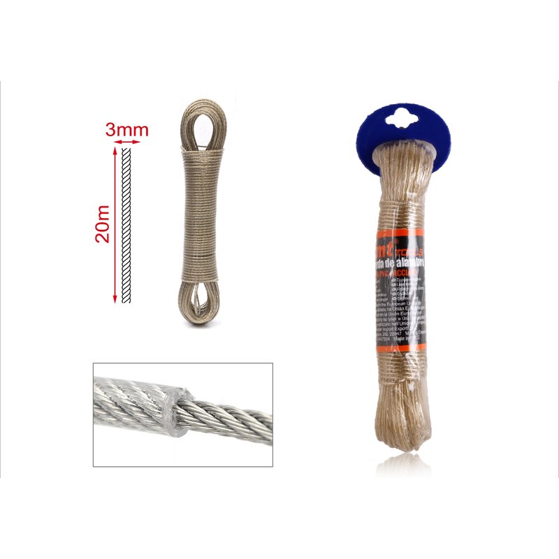 20 metri cavo stendibiancheria in acciaio rivestito PVC, diametro 3 mm