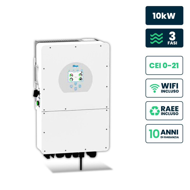 Inverter Fotovoltaico Deye Trifase Ibrido ALTA TENSIONE On-Grid/Off-Grid 10kW CEI 0-21, Schermo LCD Touch a Colori, Smart Meter Integrato, WiFi e TA, Garanzia 10 Anni IP65 SKU-12168