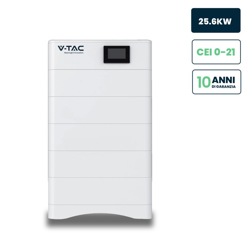 Kit 5 Moduli di Accumulo Impilabili Alta Tensione 25kWh LiFePO4 BMS Integrato, Inclusa Base e Box di Controllo, 100Ah, 252.6V, IP65, CEI 0-21 Garanzia 10 Anni SKU-120025