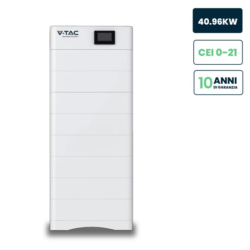 Kit 8 Moduli di Accumulo Impilabili Alta Tensione 40kWh LiFePO4 BMS Integrato, Inclusa Base e Box di Controllo, 100Ah, 409.6V, IP65, CEI 0-21 Garanzia 10 Anni SKU-120028