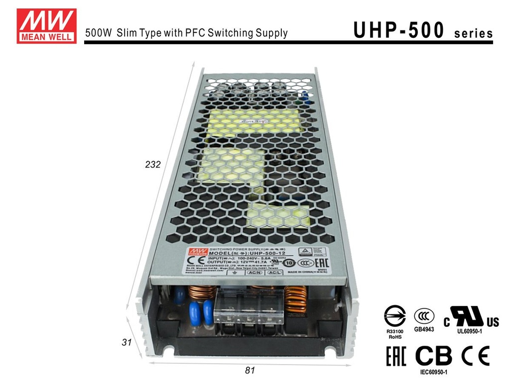 Alimentatore MW MEAN WELL CV 12V 500W 41,7A Senza Ventola UHP-500-12 Trasformatore Da AC 220V A DC 12V Per Luci Led Interno