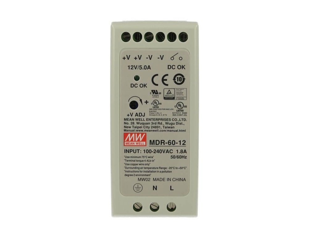 Alimentatore Rotaia Industriale MW MEAN WELL MDR-60-12 60W 12V 5A Barra Guida DIN Rail Single Power Supply Input 220V 110V