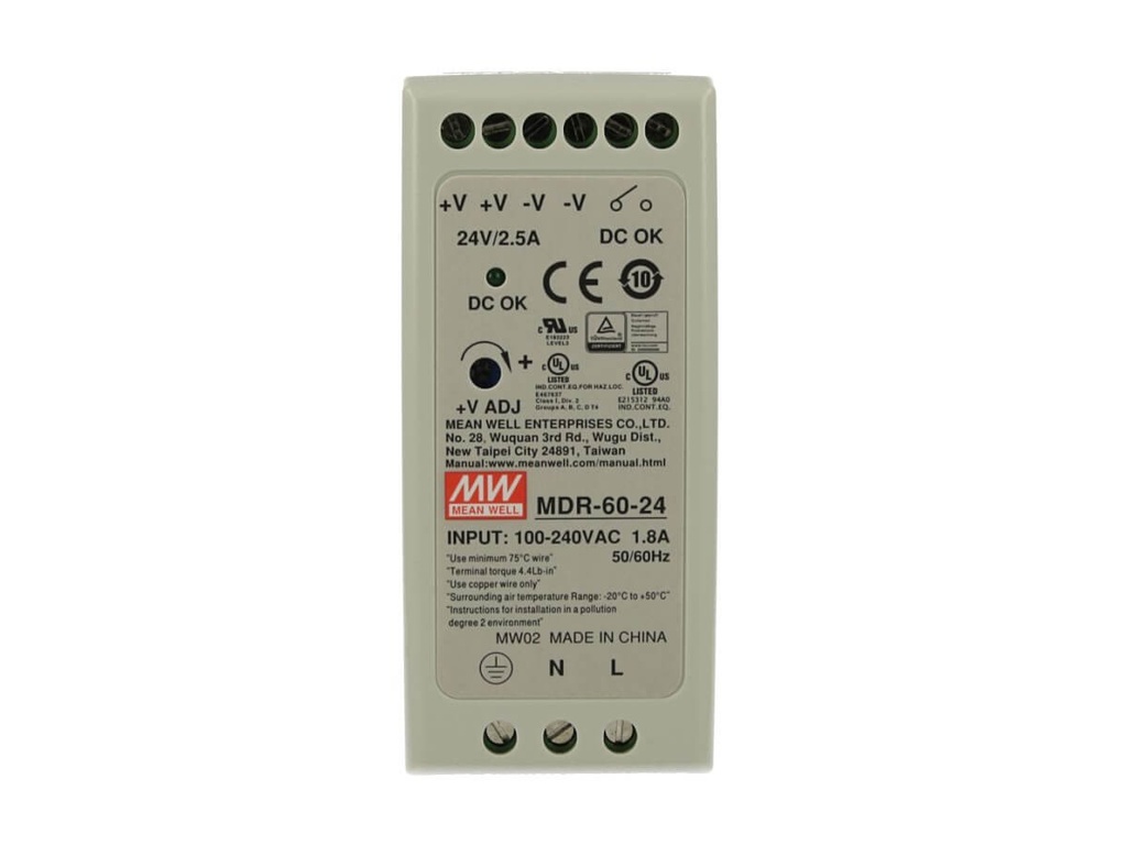 Alimentatore Rotaia Industriale MW MEAN WELL MDR-60-24 60W 24V 2,5A Barra Guida DIN Rail Single Power Supply Input 220V 110V