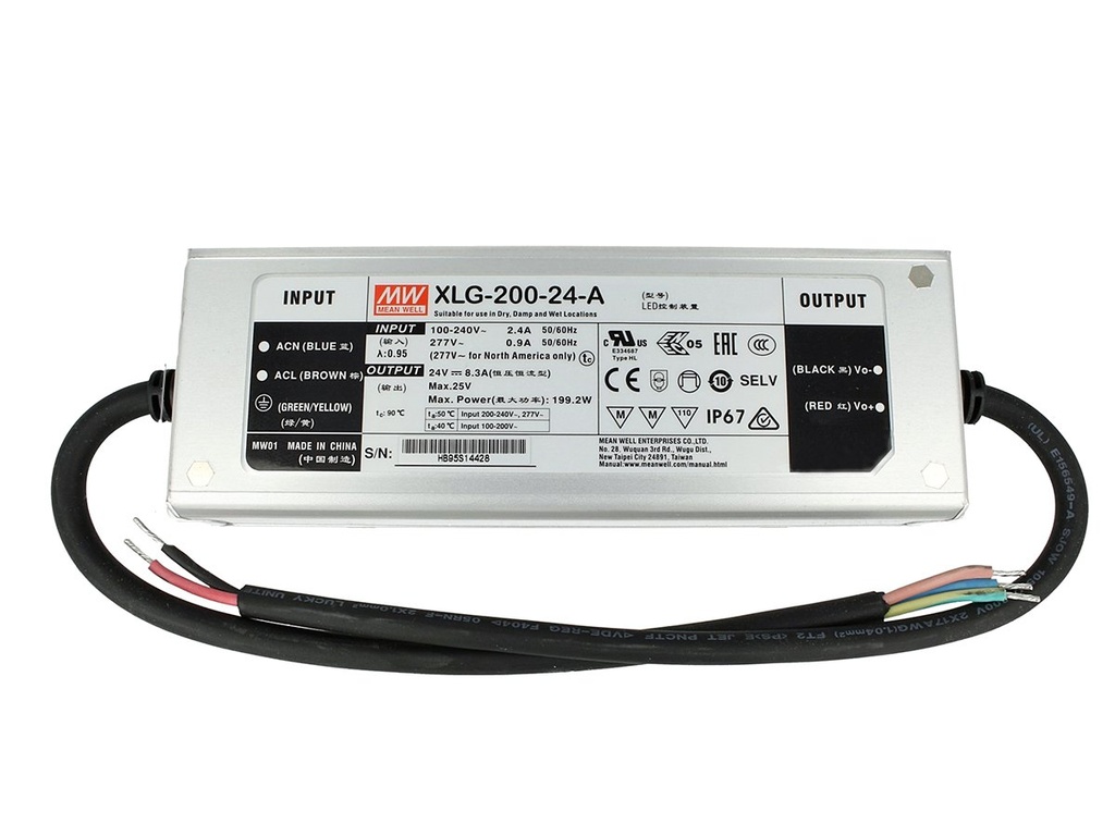 Alimentatore Trasformatore MW MEAN WELL Impermeabile IP67 24V 200W 8,3A XLG-200-24-A