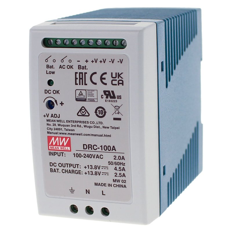 MW MEAN WELL DRC-100A Alimentatore AC/DC 100W montaggio Su Guida DIN con Funzione di Carica Batteria (UPS) Output 12Vdc at 4,5A