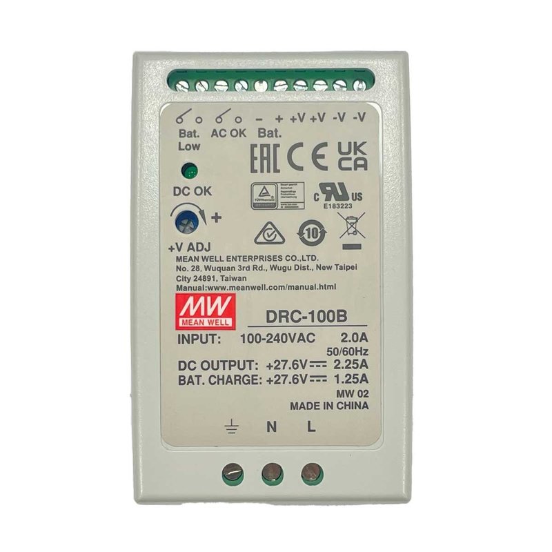 MeanWell DRC-100B Alimentatore AC/DC 100W montaggio Su Guida DIN con Funzione di Carica Batteria (UPS) Output 24-30Vdc at 2.25A e 27.6Vdc at 1.25A