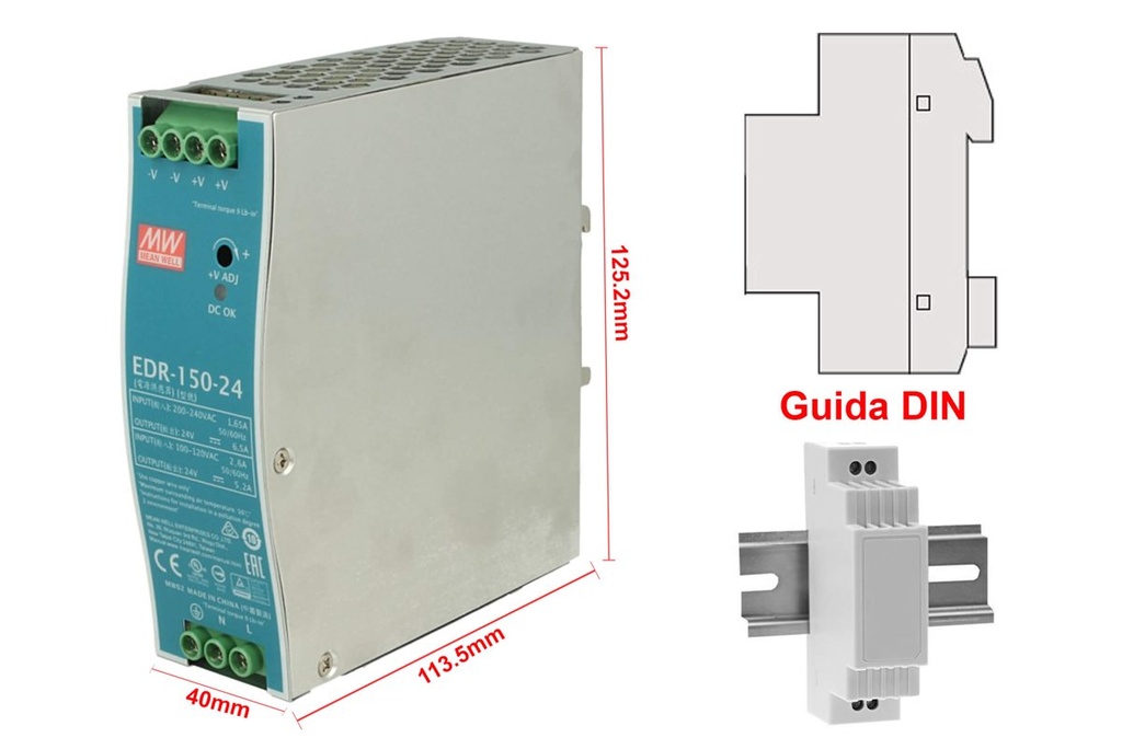MW MEAN WELL EDR-150-24 Trasformatore Rotaia Industriale 24V 156W 6,5A Barra Guida DIN Rail Power Supply Universale