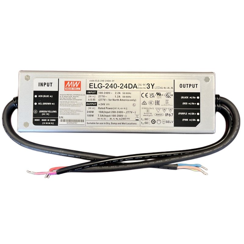 MW MEAN WELL ELG-240-24DA-3Y Alimentatore Dimmerabile DALI IP67 240W 24V 10A Input 220V e 110V