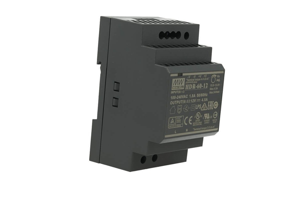 MW MEAN WELL HDR-60-12 Trasformatore Rotaia Industriale 12V 54W Barra Guida DIN Rail Power Supply Universale