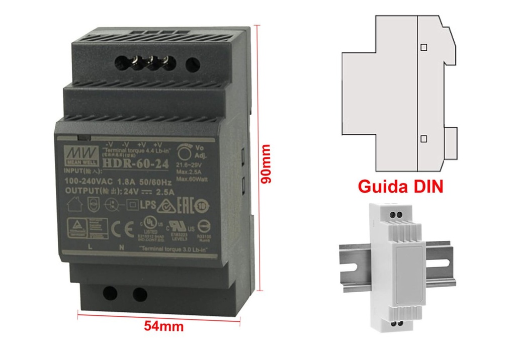 MW MEAN WELL HDR-60-24 Trasformatore Rotaia Industriale 24V 60W Barra Guida DIN Rail Power Supply Universale