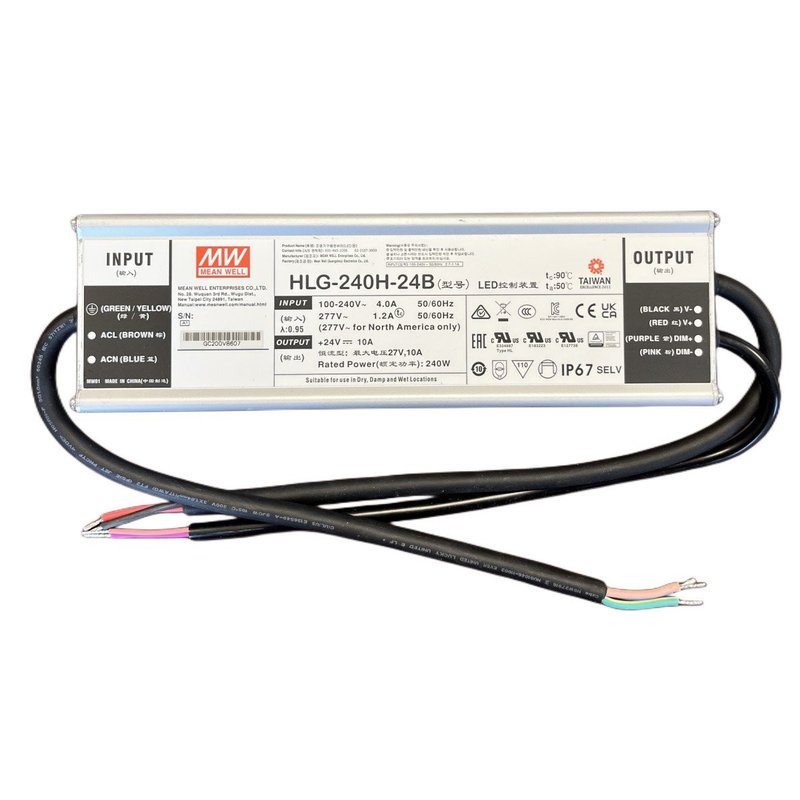 MW MEAN WELL HLG-240H-24B Alimentatore IP67 240W 24V 10A Dimmerabile 1-10V PWM Input 220V e 110V