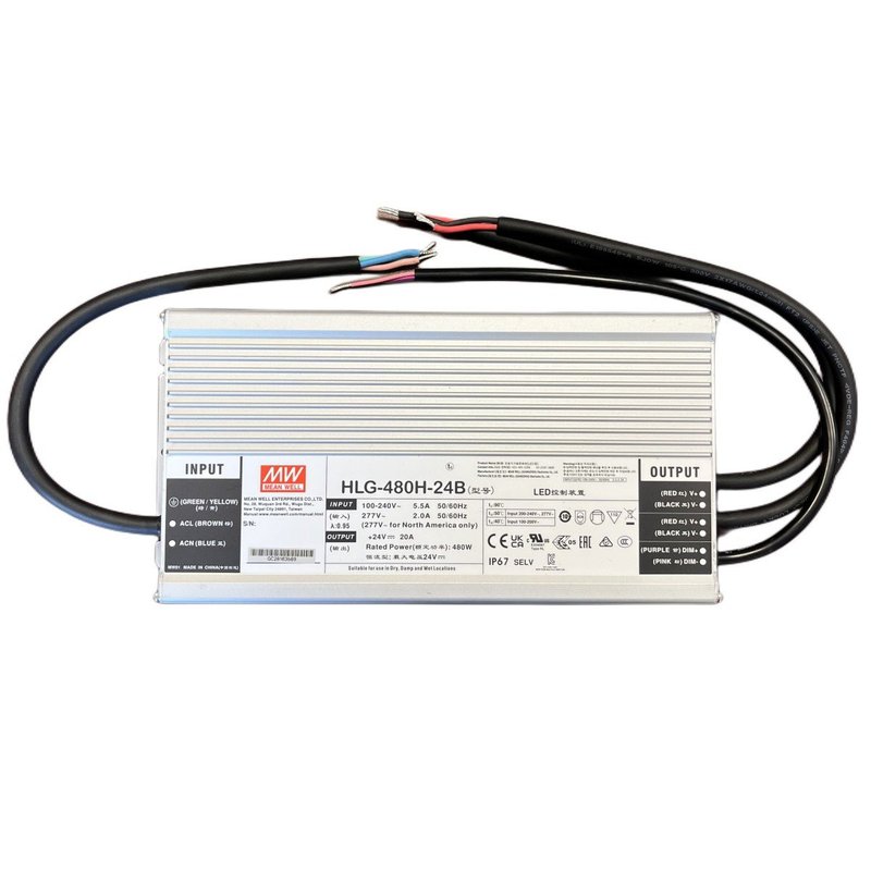 MW MEAN WELL HLG-480H-24B Alimentatore IP67 480W 24V 20A Dimmerabile 1-10V PWM Input 220V e 110V