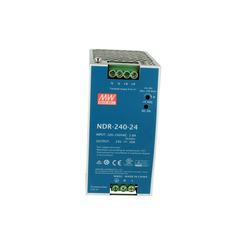 MW MEAN WELL NDR-240-24 Trasformatore Rotaia Industriale 24V 240W 10A Barra Guida DIN Rail Power Supply Input 220V 110V