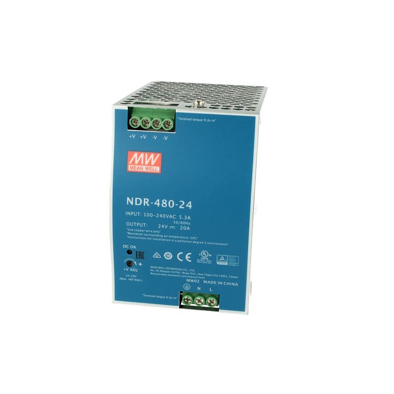 MW MEAN WELL NDR-480-24 Trasformatore Rotaia Industriale 24V 480W 20A Barra Guida DIN Rail Power Supply Input 220V 110V
