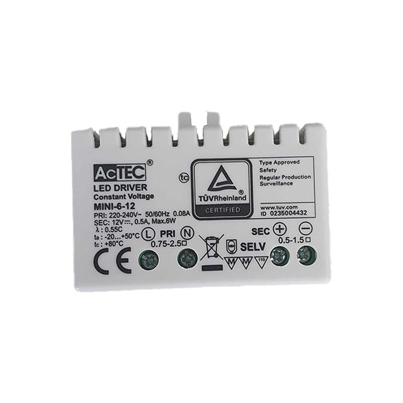 Mini Alimentatore Trasformatore 6W 12V 0,5A IP20 50X32X18,5mm Con Morsetti