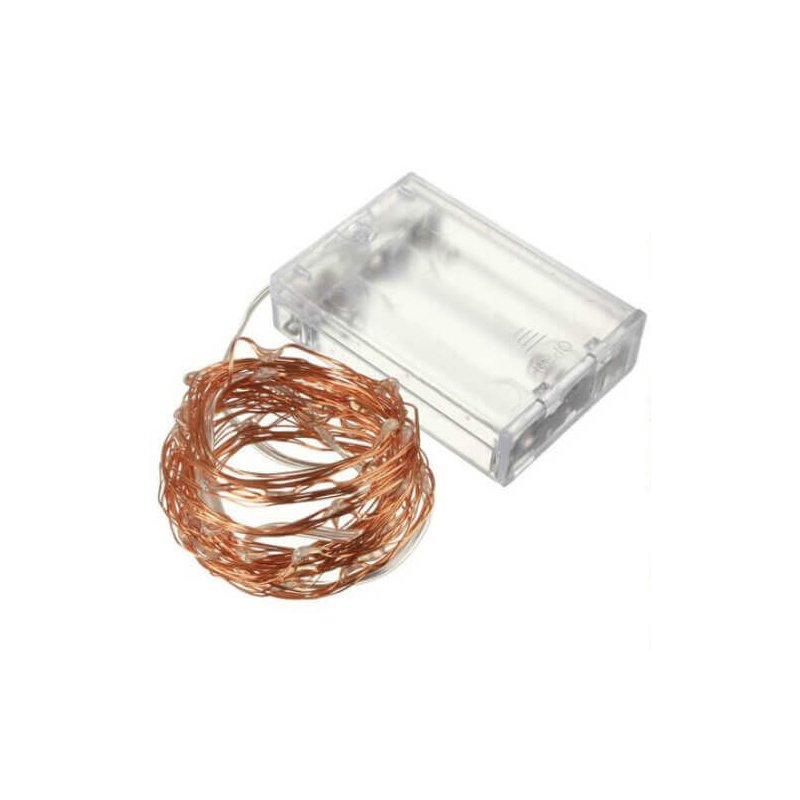 Stringa LED giallo arancione filo rame 10 metri, 100 LED, IP67, a pile