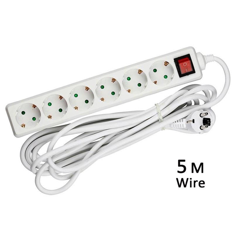 Multipresa Ciabatta Elettrica 6 Posti Schuko Spina Tipo Ibrido F + E Cavo Lunga 5 Metri Con Interruttore SKU-8769