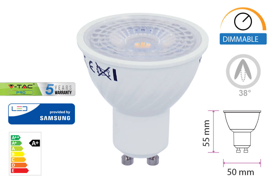 Lampada LED GU10 Dimmerabile 6W 38°, 220V, 3000K/4000K/6500K