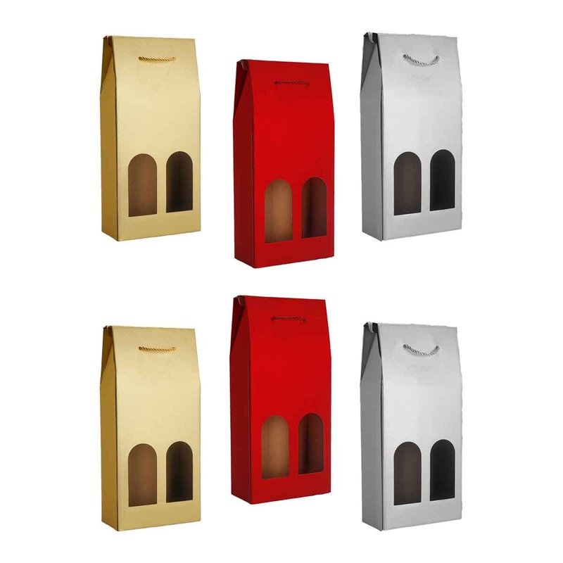 Set 6 Borse Regalo di Natale per Vino Doppio Posto Colore Oro Rosso e Argento 18x39x9 cm 