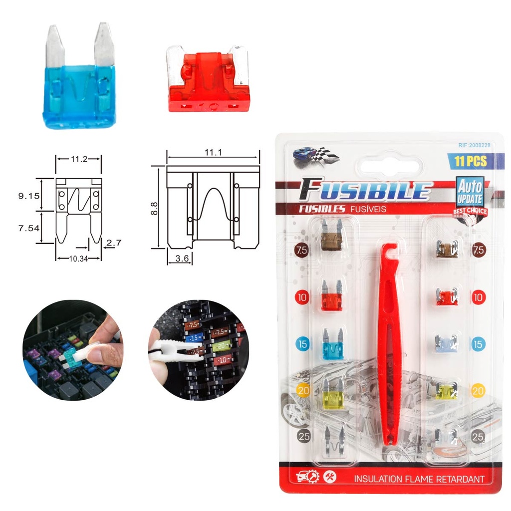 2 Kit da 10 Fusibili Lunghi e Corti Auto Camper 7.5A 10A 15A 20A 25A con Pinza
