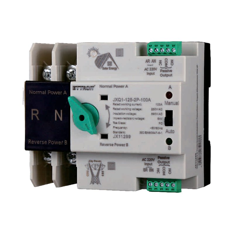 ATS Commutatore di Trasferimento Automatico Fotovoltaico 2P 4M Doppio Alimentazione 100A AC 230V IP20 IEC60947-6-1