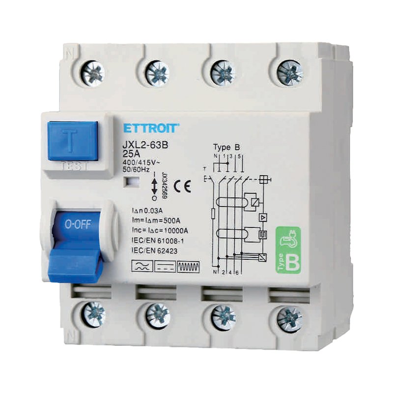 ETTROIT RCCB Interruttore Differenziale Puro Tipo B 3P+N 4M 10000A 30mA 25A AC 400V IP20 IEC61008-1 / IEC62423