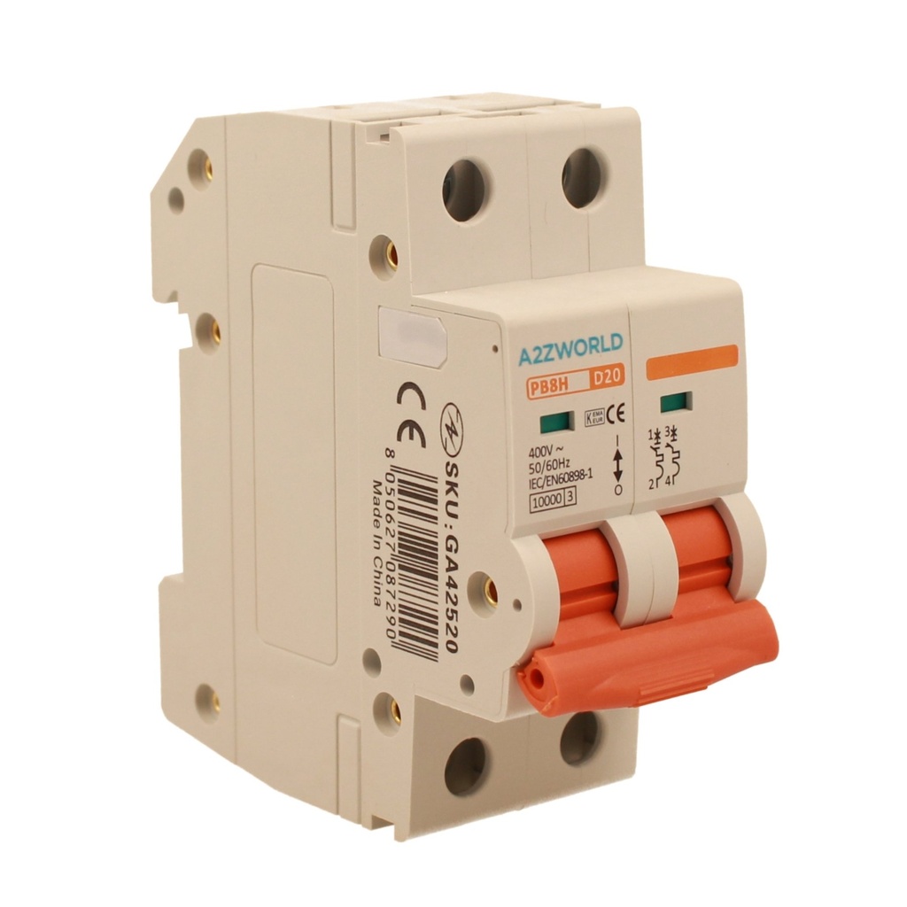 A2ZWORLD MCB Interruttore Magnetotermico Automatico Curva D 2P 2M 10000A D20A AC 400V IP20 IEC60898-1 PB8H