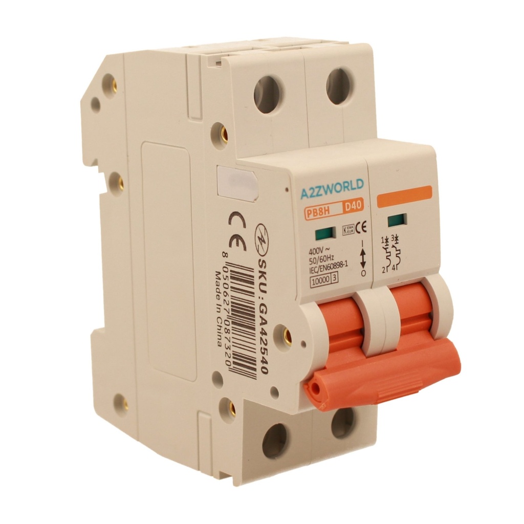 A2ZWORLD MCB Interruttore Magnetotermico Automatico Curva D 2P 2M 10000A D40A AC 400V IP20 IEC60898-1 PB8H