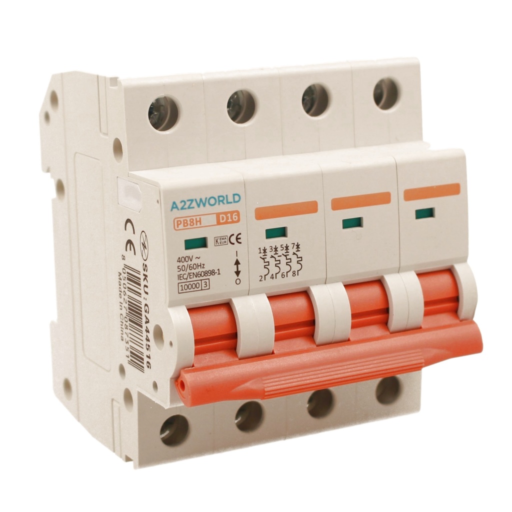 A2ZWORLD MCB Interruttore Magnetotermico Automatico Curva D 4P 4M 10000A AC 400V IP20 PB8H, Corrente Disponibili 16A 20A 25A 32A 40A 50A 63A 