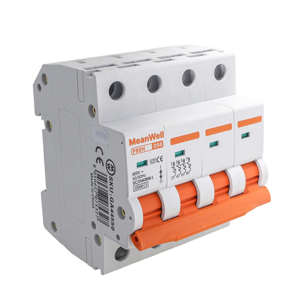 MeanWell MCB Interruttore Magnetotermico Automatico Curva D 4P 4M 10000A D50A AC 400V IP20 IEC60898-1 PB8H