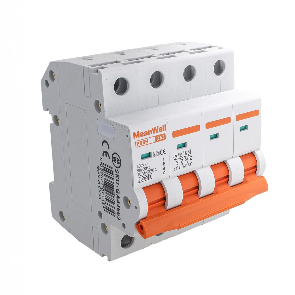 MeanWell MCB Interruttore Magnetotermico Automatico Curva D 4P 4M 10000A D63A AC 400V IP20 IEC60898-1 PB8H