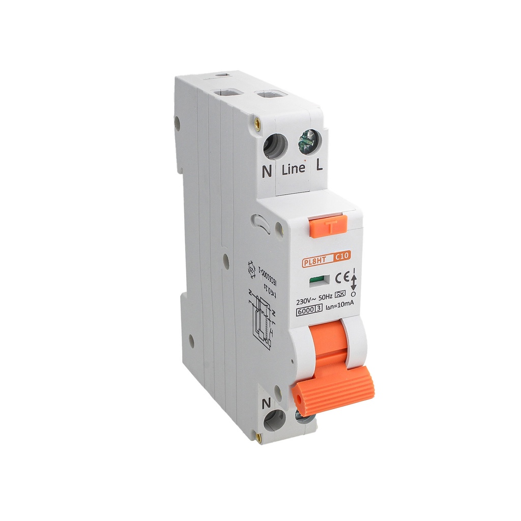 A2ZWORLD RCBO Interruttore Magnetotermico Differenziale Tipo A Curva C 1P+N 1M 6000A 10mA Per Zone Umide C10A AC 230V IP20 IEC61009-1 PL8HT