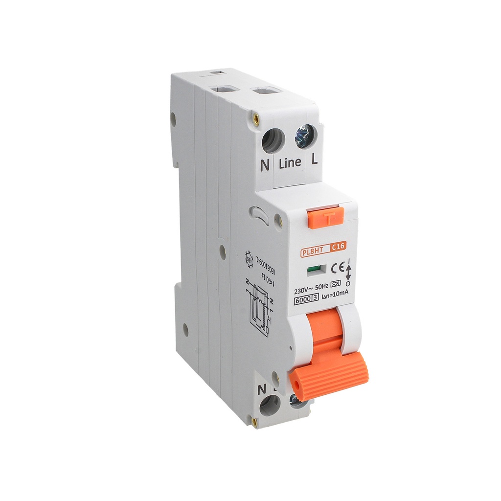 A2ZWORLD RCBO Interruttore Magnetotermico Differenziale Tipo A Curva C 1P+N 1M 6000A 10mA Per Zone Umide C16A AC 230V IP20 IEC61009-1 PL8HT