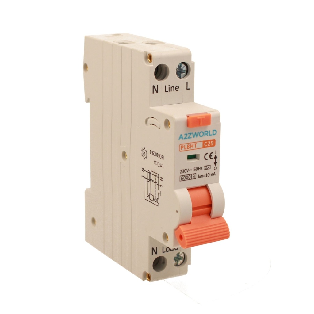 RCBO Interruttore Magnetotermico Differenziale Tipo A Curva C 1P+N 1M 6000A 10mA Per Zone Umide C25A AC 230V IP20 IEC61009-1 PL8HT