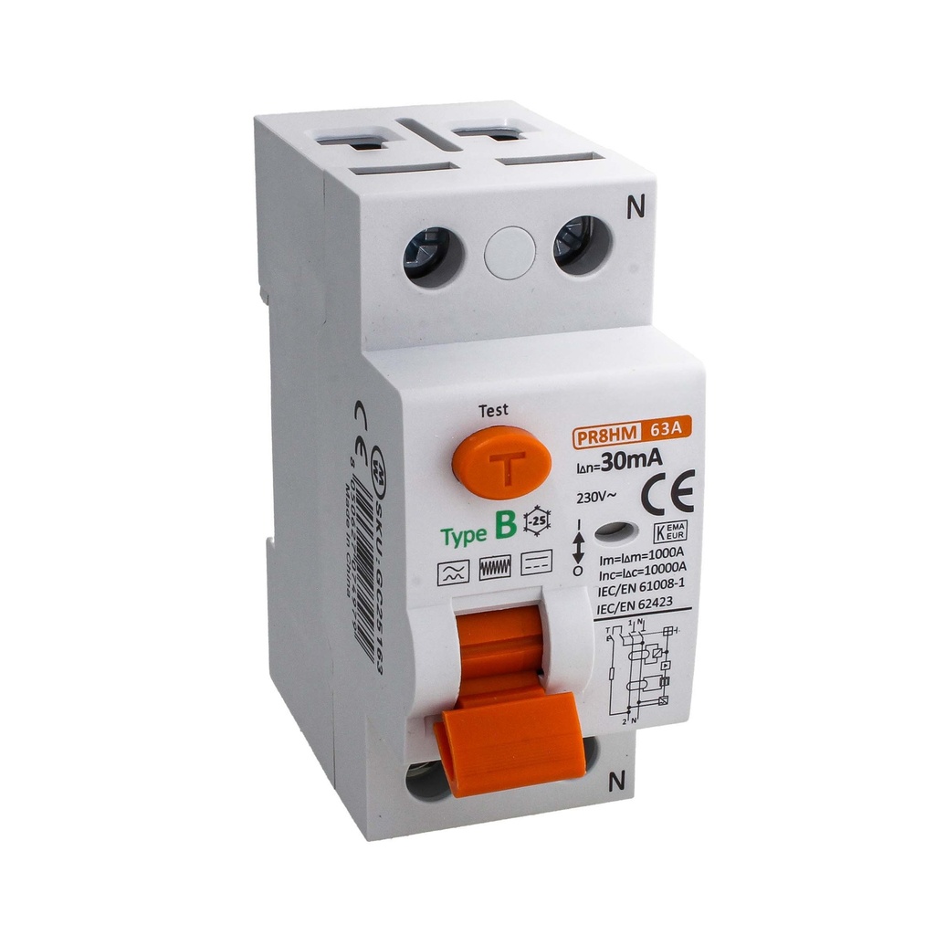 A2ZWORLD RCCB Interruttore Differenziale Puro Tipo B 1P+N 2M 10000A 30mA 63A AC 230V IP20 IEC61008-1 / IEC62423 PR8HM