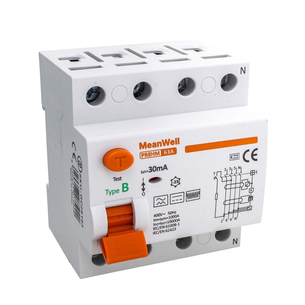 MeanWell RCCB Interruttore Differenziale Puro Tipo B 3P+N 4M 10000A 30mA 63A AC 400V IP20 IEC61008-1 / IEC62423 PR8HM