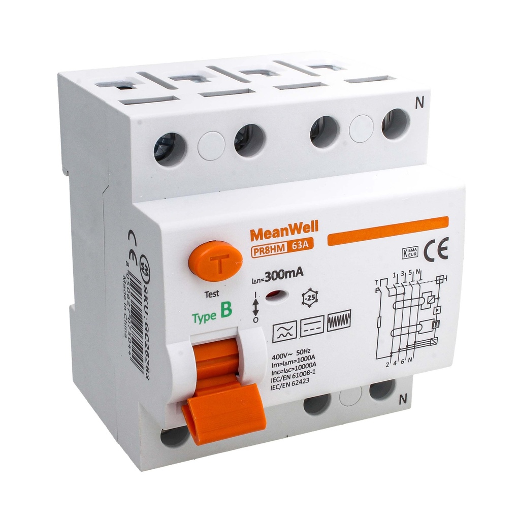 MeanWell RCCB Interruttore Differenziale Puro Tipo B 3P+N 4M 10000A 300mA 63A AC 400V IP20 IEC61008-1 / IEC62423