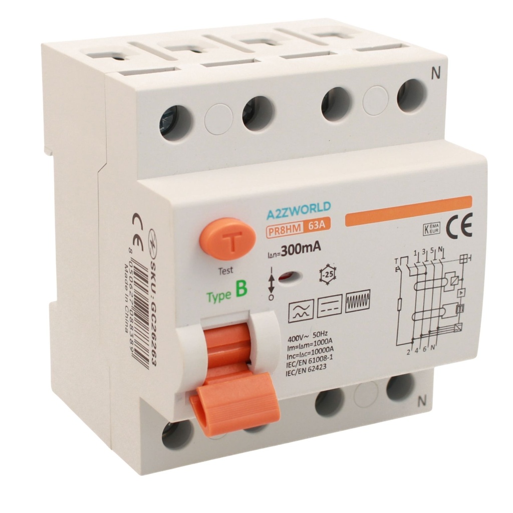 RCCB Interruttore Differenziale Puro Tipo B 3P+N 4M 10000A 300mA 63A AC 400V IP20 IEC61008-1 / IEC62423 PR8HM