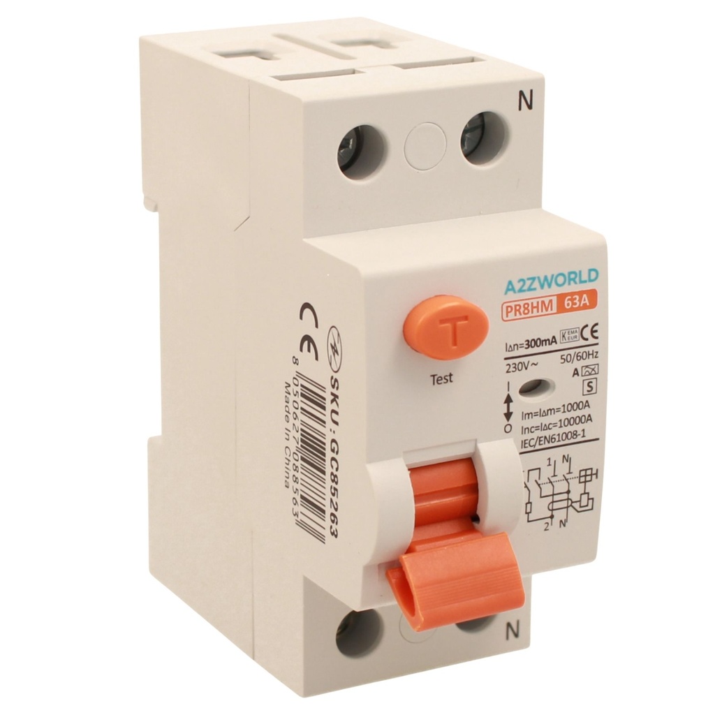 RCCB Interruttore Differenziale Selettivo Tipo S Classe A 1P+N 2M 10000A 300mA Ritardo 500ms 63A AC 230V IP20 IEC61008-1 PR8HM