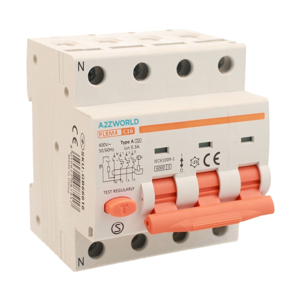 A2ZWORLD RCBO Interruttore Magnetotermico Differenziale Tipo A Curva C 3P+N 4M 6000A 300mA C16A AC 400V IP20 IEC61009-1 PL8M4