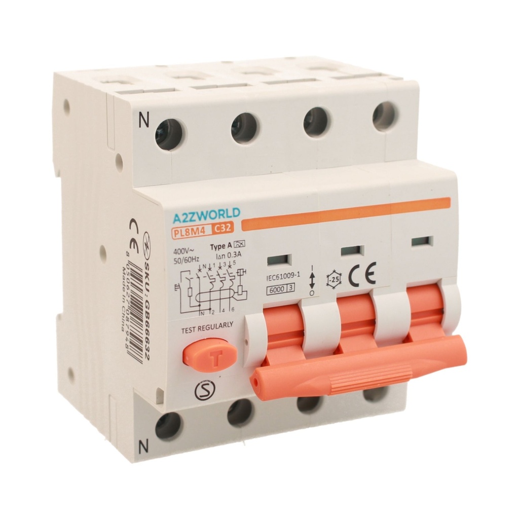 A2ZWORLD RCBO Interruttore Magnetotermico Differenziale Tipo A Curva C 3P+N 4M 6000A 300mA C32A AC 400V IP20 IEC61009-1 PL8M4