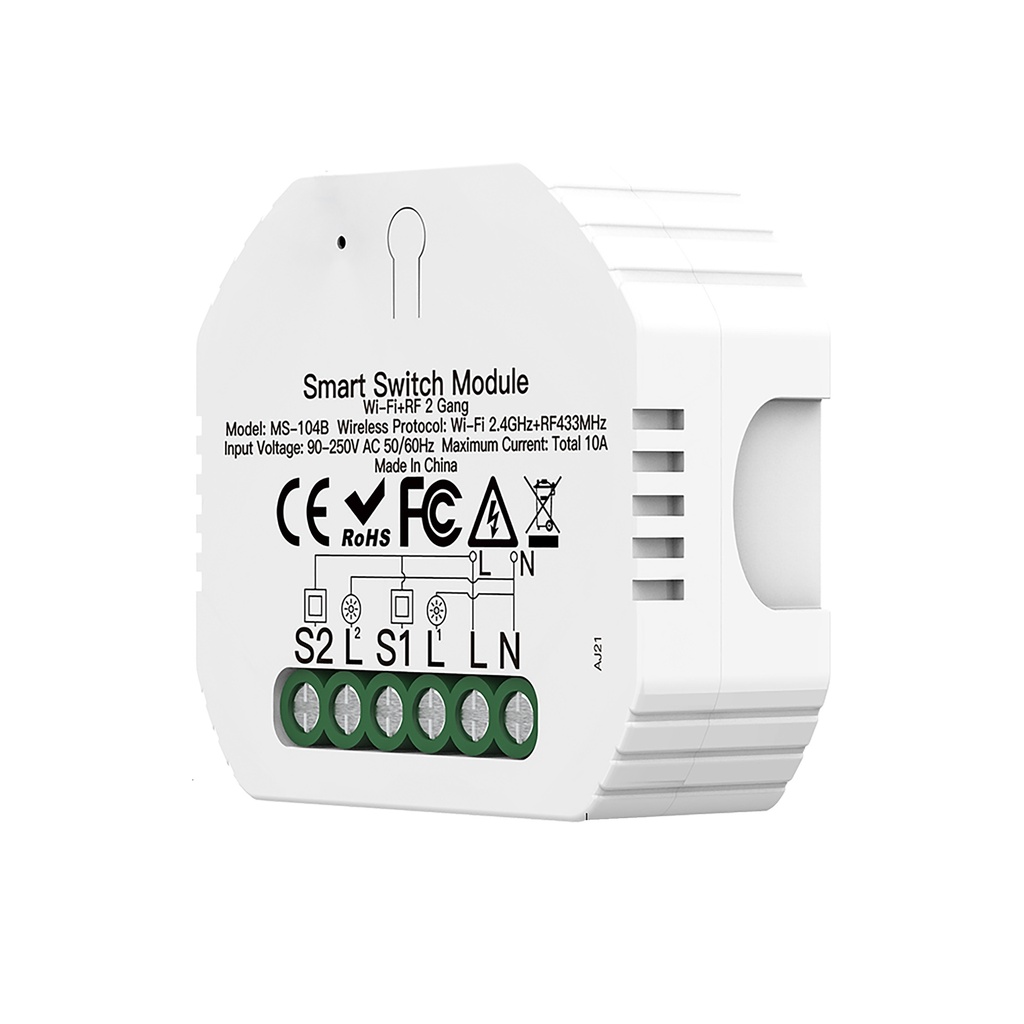 [MMC1942] Relè Passo Passo Interruttore WIFI 2.4G+BLE+RF 433MHz, 2 Canali, Bluetooth BLE Mesh TUYA, Smart Life, 10A, AC 90-250V, 50/60HZ, 2200W, 53X48X18mm, IP20, SHB104B
