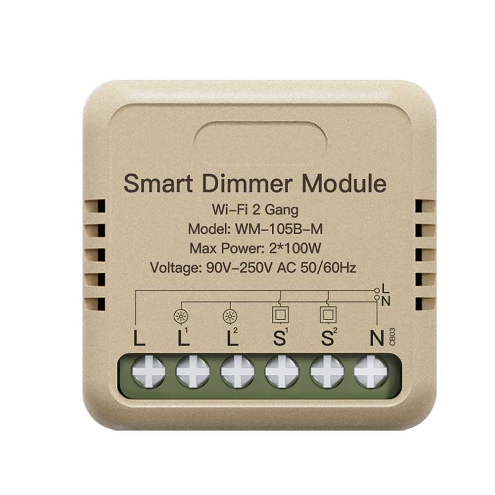 [MMC1152] Mini Triac Dimmer Taglio di Fase WIFI 2.4G 2 Canali TUYA, Smart Life 1A AC 90-250V 50/60HZ 2X100W 40X40X18mm IP20