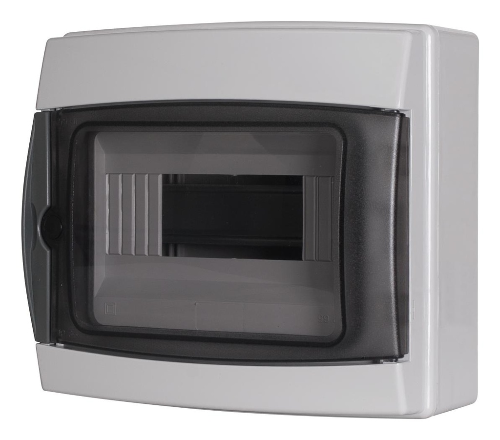 Centralino da parete 8 moduli con portello fumé, grigio RAL 7035, 200x180x100 mm, IP65, ideale per installazioni elettriche interne ed esterne