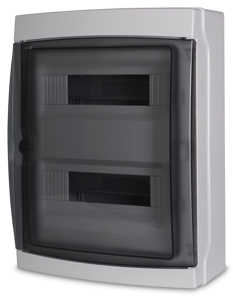 MeanWell centralino da parete 24 moduli con portello fumé, grigio RAL 7035, 290x290x140 mm, IP65, ideale per installazioni elettriche interne ed esterne
