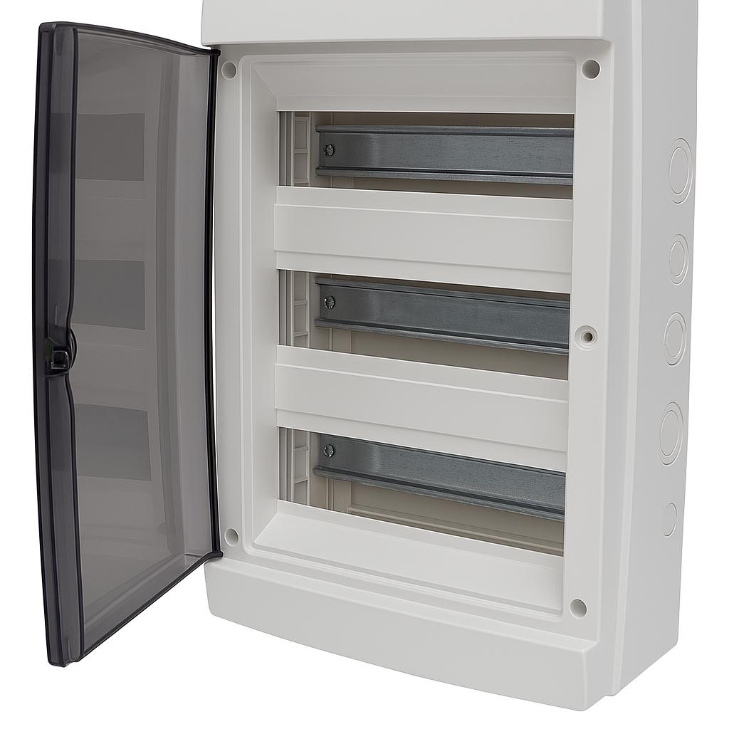 Centralino da parete 36 moduli con portello fumé, grigio RAL 7035, 400x400x140 mm, IP65, ideale per installazioni elettriche interne ed esterne