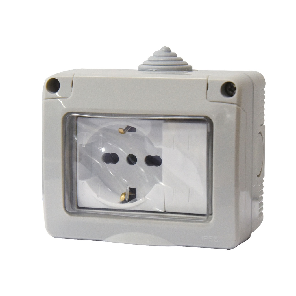 Kit Contenitore Cassetta Elettrica Esterna 1 Presa Schuko Universale +1 Interruttore Con Coperchio Stagno IP55, Montaggio Da Parete Esterno,Omologato IMQ